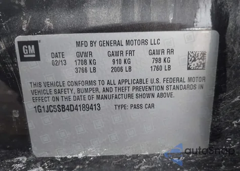 2013 Chevrolet Sonic Lt Auto z USA, uszkodzony, nr VIN 1G1JC5SB4D4189413